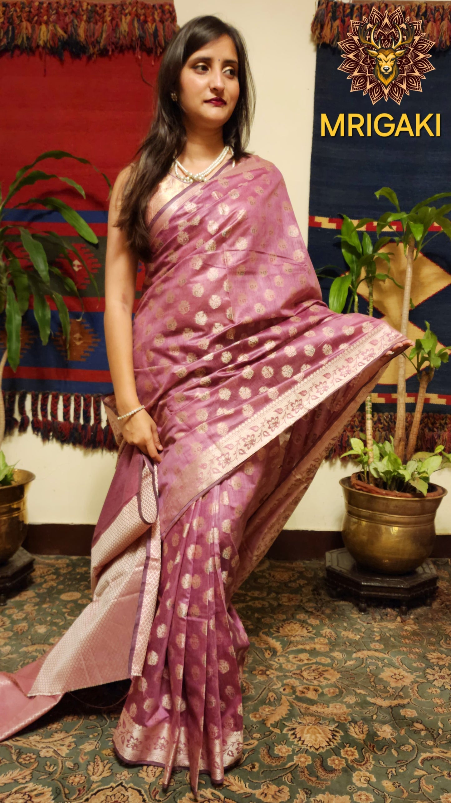 Lavender color Pure Dupion Silk Saree with Resham butti & Floral Pallu