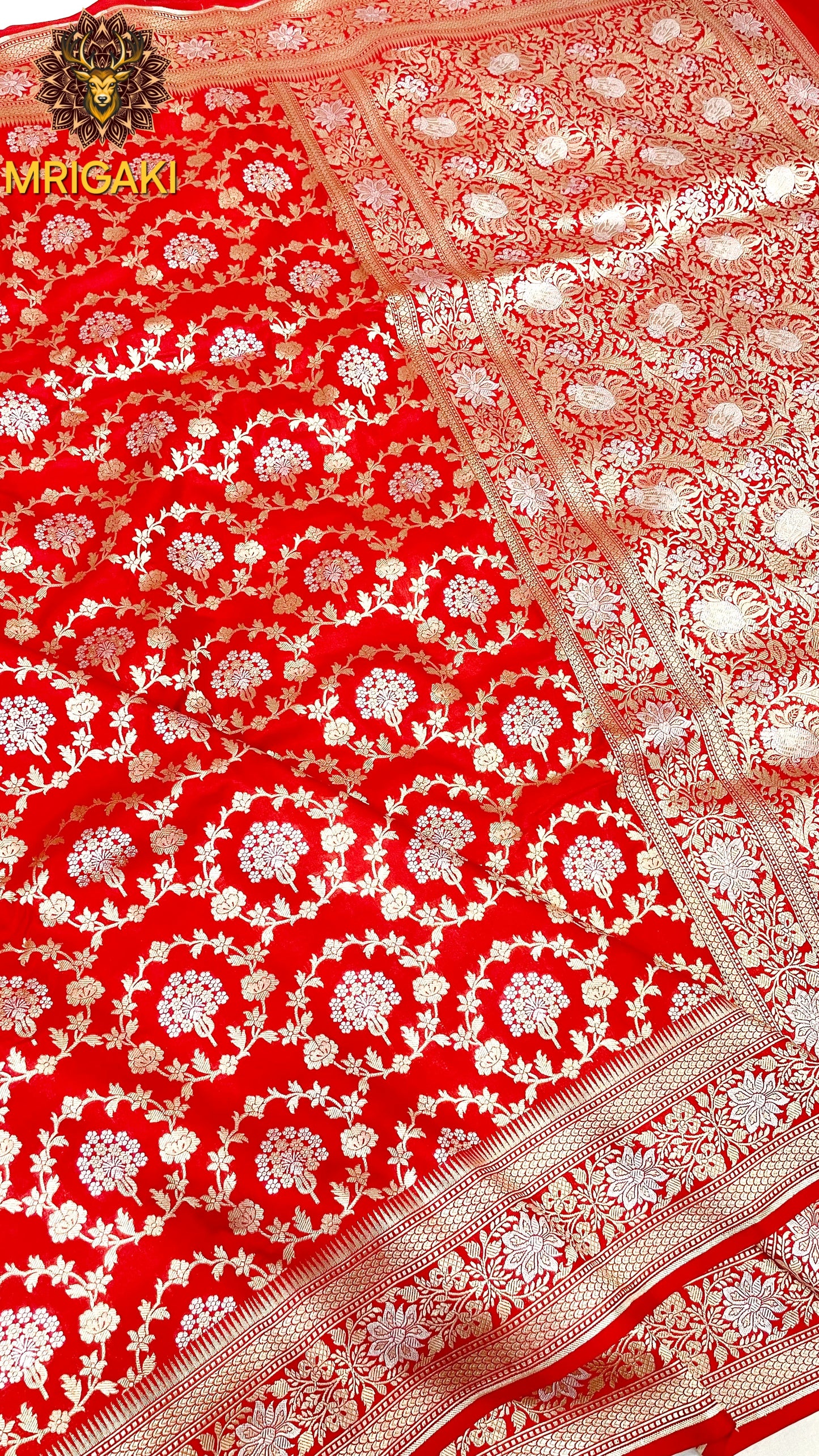 (Only on Pre-Order) Pure Katan Silk Handloom Sona Rupa Jangla Banarasi Saree in Bridal Red base color