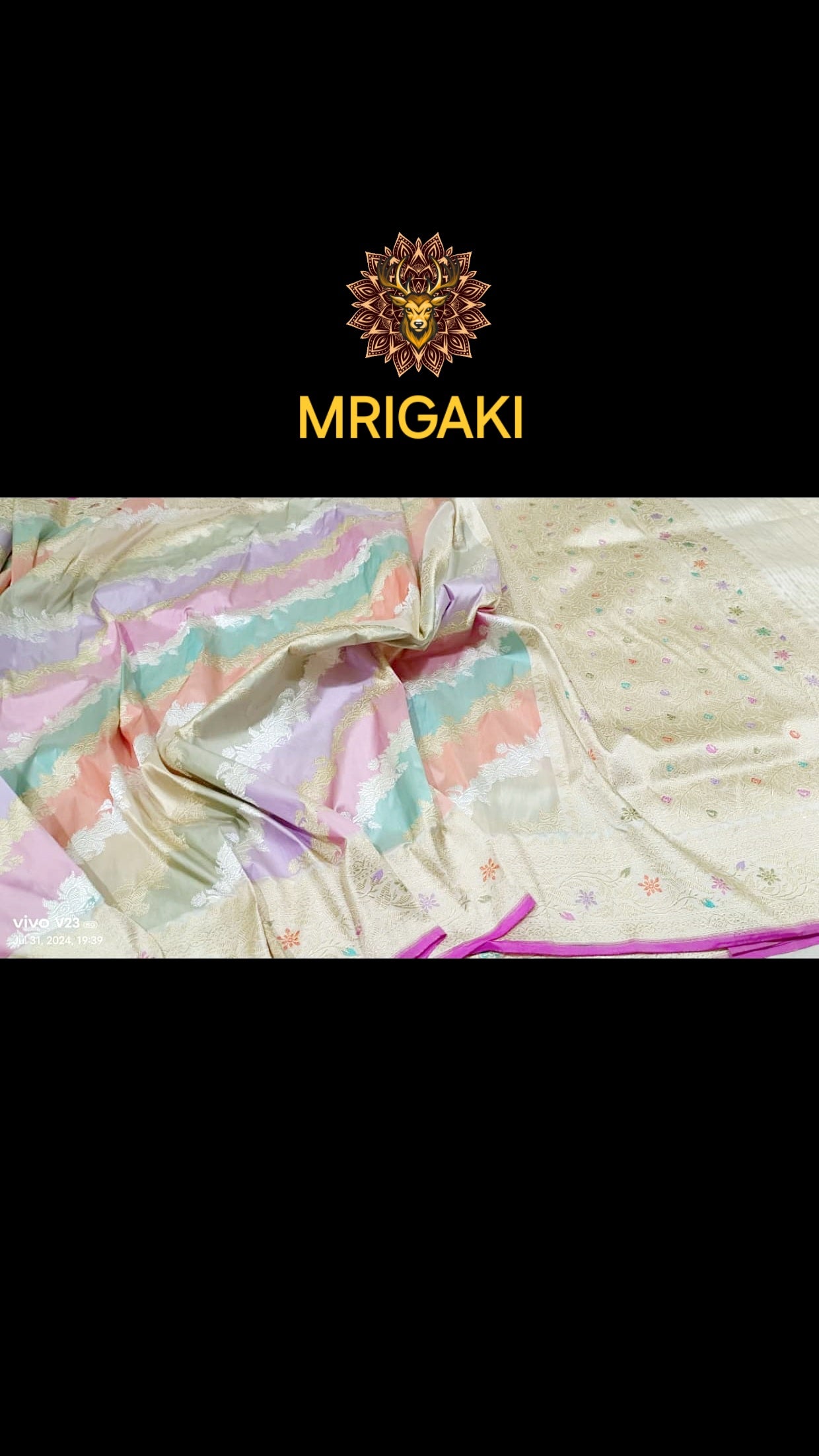 (Only on Pre-Order) Pure Katan Silk Handloom Light colors combo Laheriya pattern Rangkat Banarasi Saree with Minakari work on borders & pallu