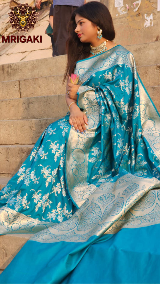 Firozi Banarasi Satin Silk Saree with Silver & Golden thread Handweaving work