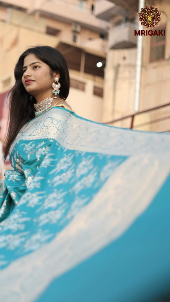 Firozi Banarasi Satin Silk Saree with Silver & Golden thread Handweaving work