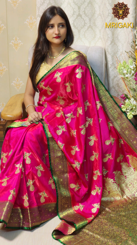 Rani Pink Green Satin Silk Saree with Golden stone designer peacock work all over, Zari border, Brocade Pallu