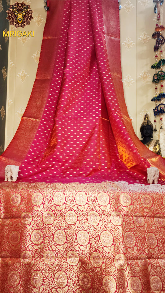 Wine color Satin Silk Banarasi Saree with Thousand butti & Zari border & Pallu