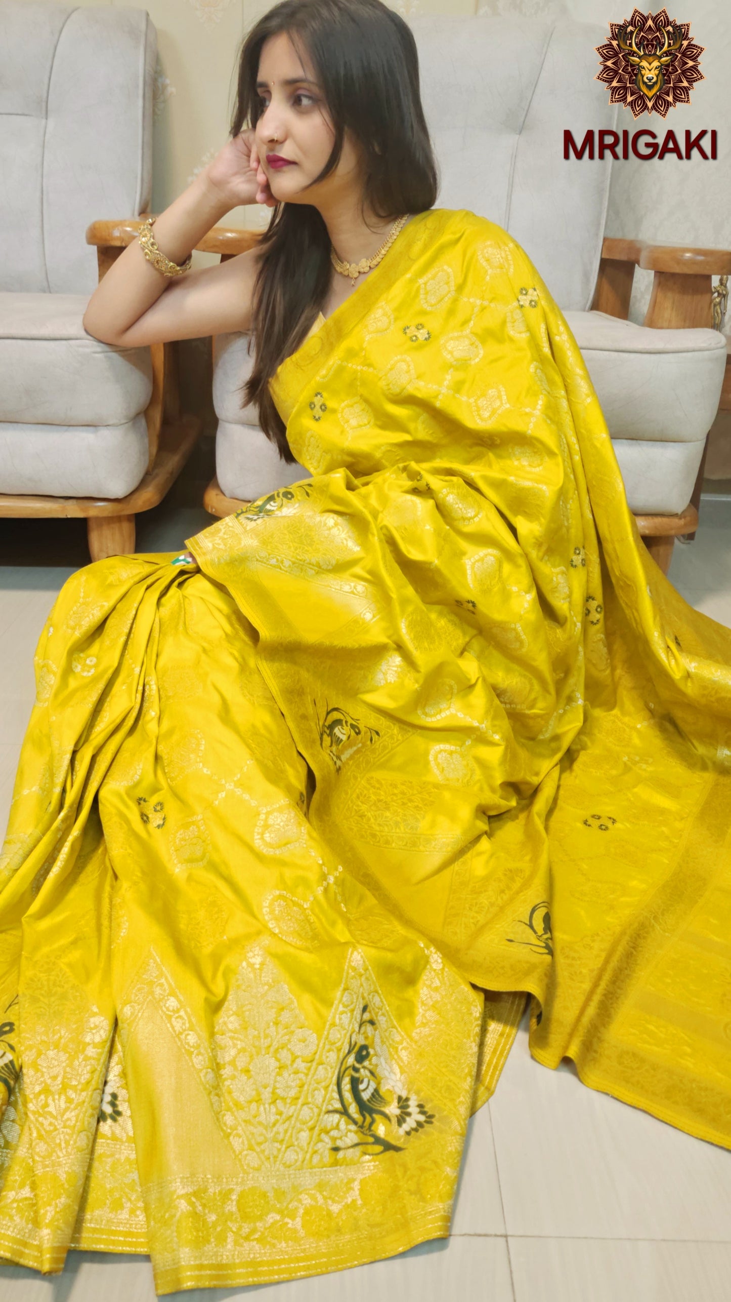 Banarasi Silk Yellow Green color saree with Peacock pattern & Golden Jaal design All over