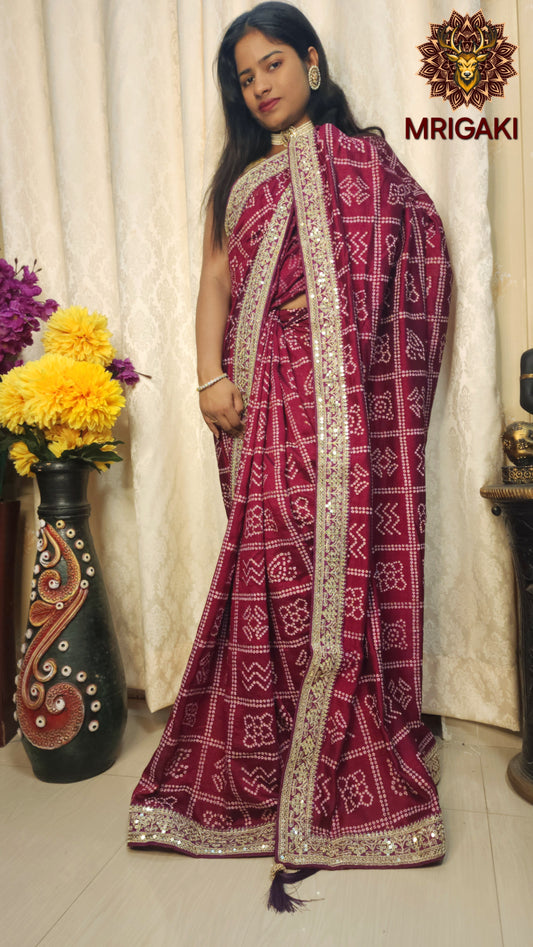Maroon color Bandhej Saree with gotta border & designer unstitched blouse piece