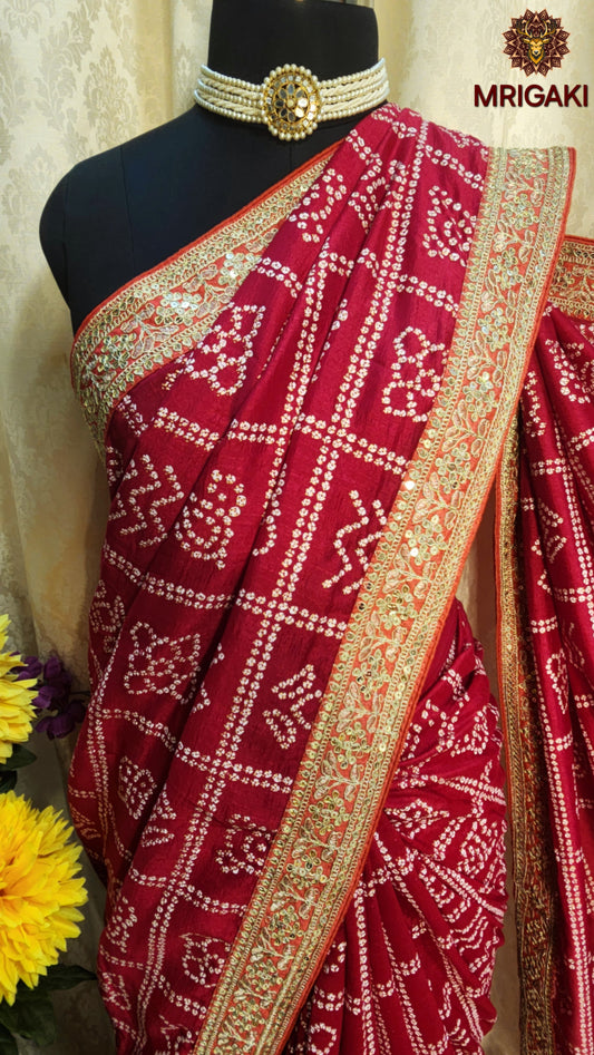 Pink color Bandhej Saree with gotta border & designer unstitched blouse piece