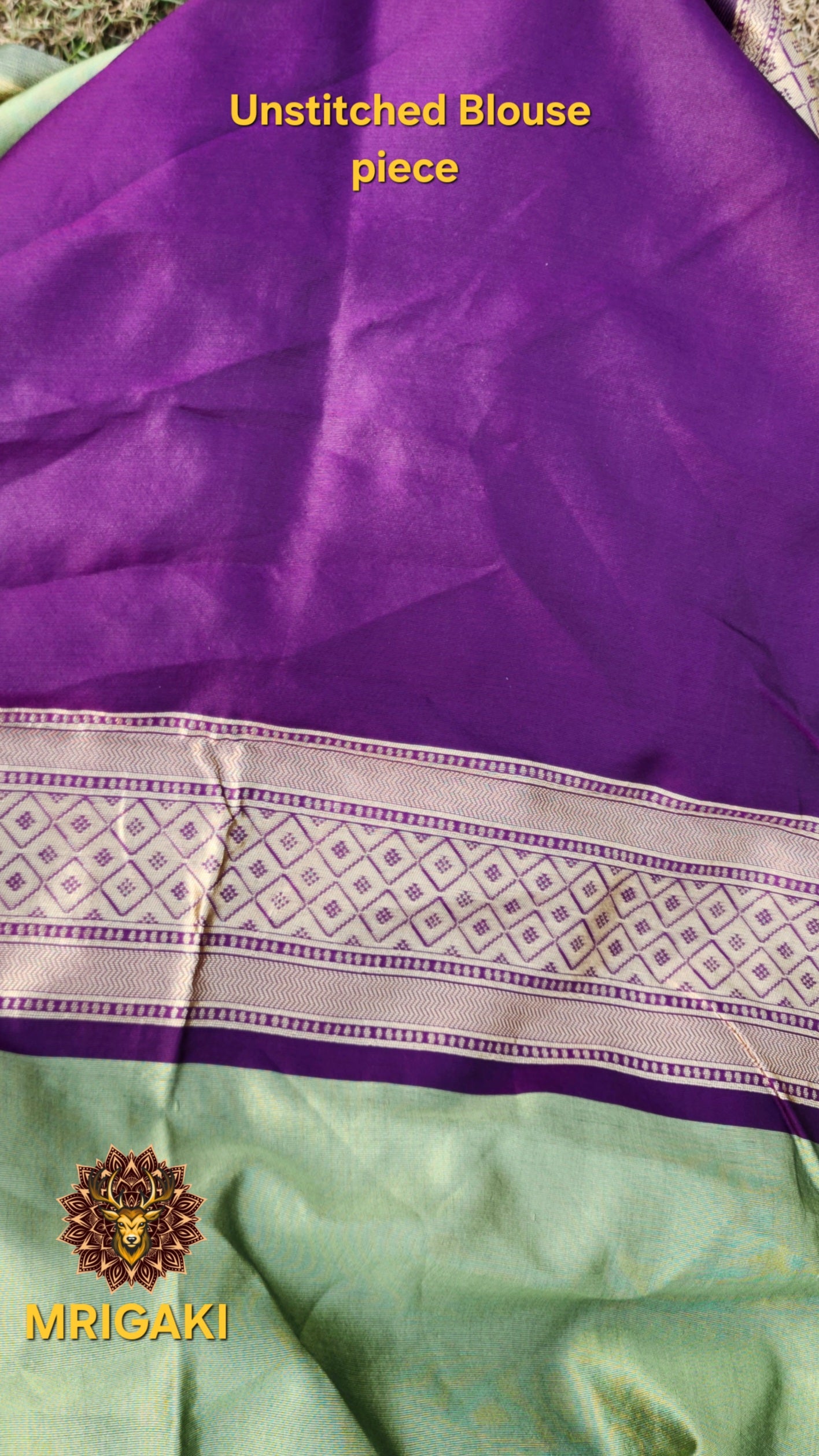 Warm Silk  Saree in Green & Dark Purple contrast with geometrical print all over & Patola Print Pallu