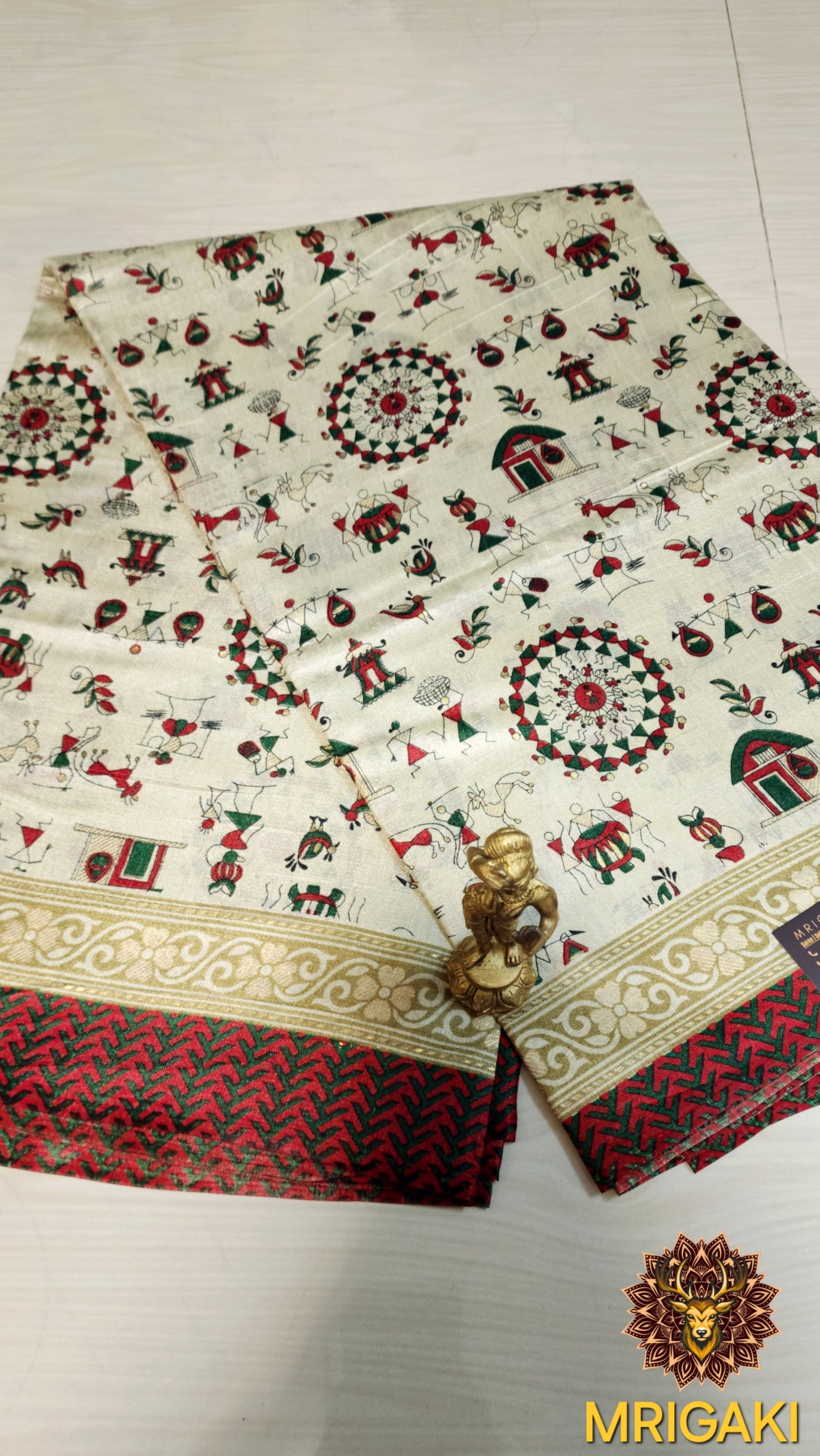 Handloom Warli Art Khadi Bamboo Saree with Golden Charak & contrast Blouse piece