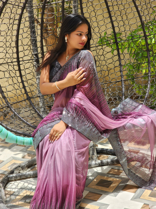 Maroon Black contrast Lycra Saree Double Shaded with Light Diamond work
