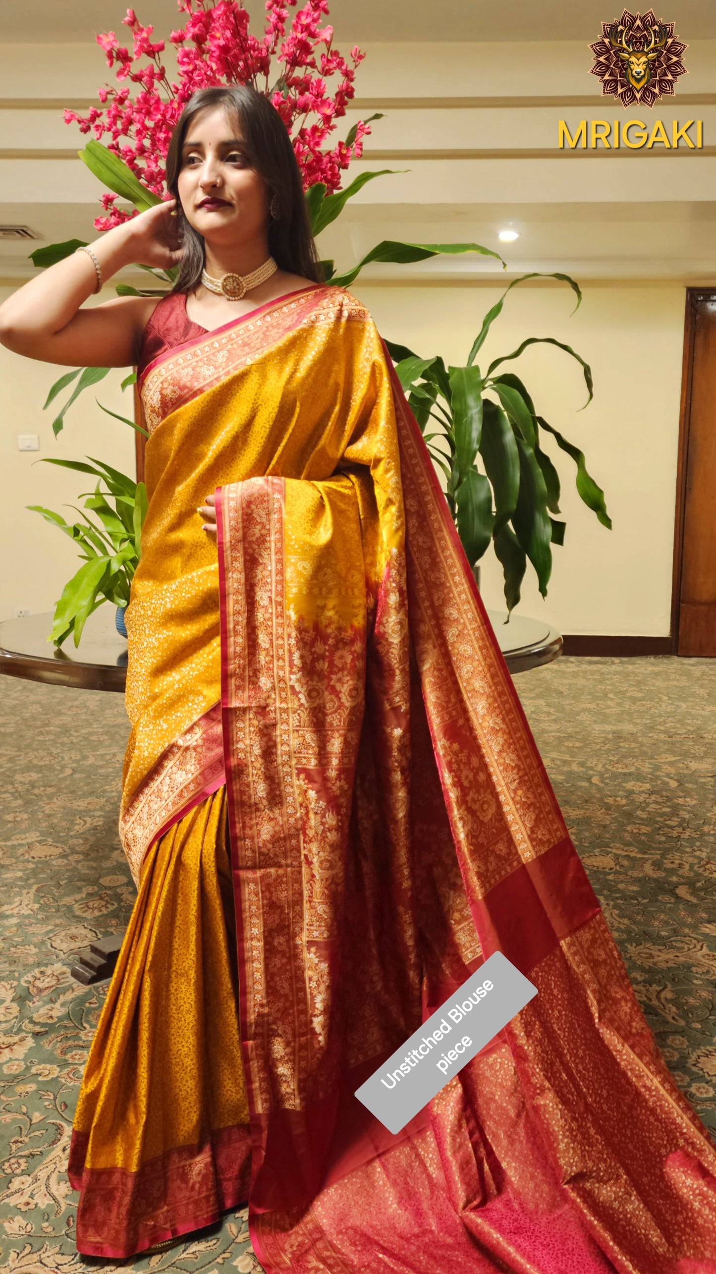 Pure Silk Jamewaar Saree in Yellow Red Contrast colors