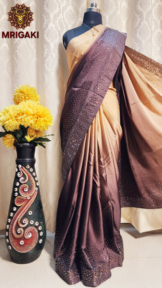 Japan Satin Silk Double Shaded Golden Brown Elegant Saree with Silver & Golden Stone work on borders