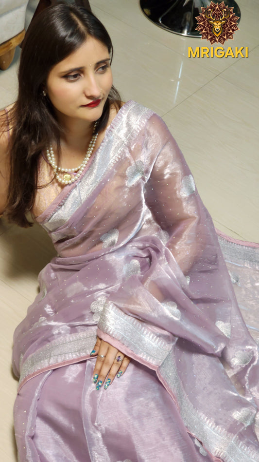 Trending Jimmy Choo Sarees with Thread work on borders & Flower designs inside, Silver stone work all over the saree