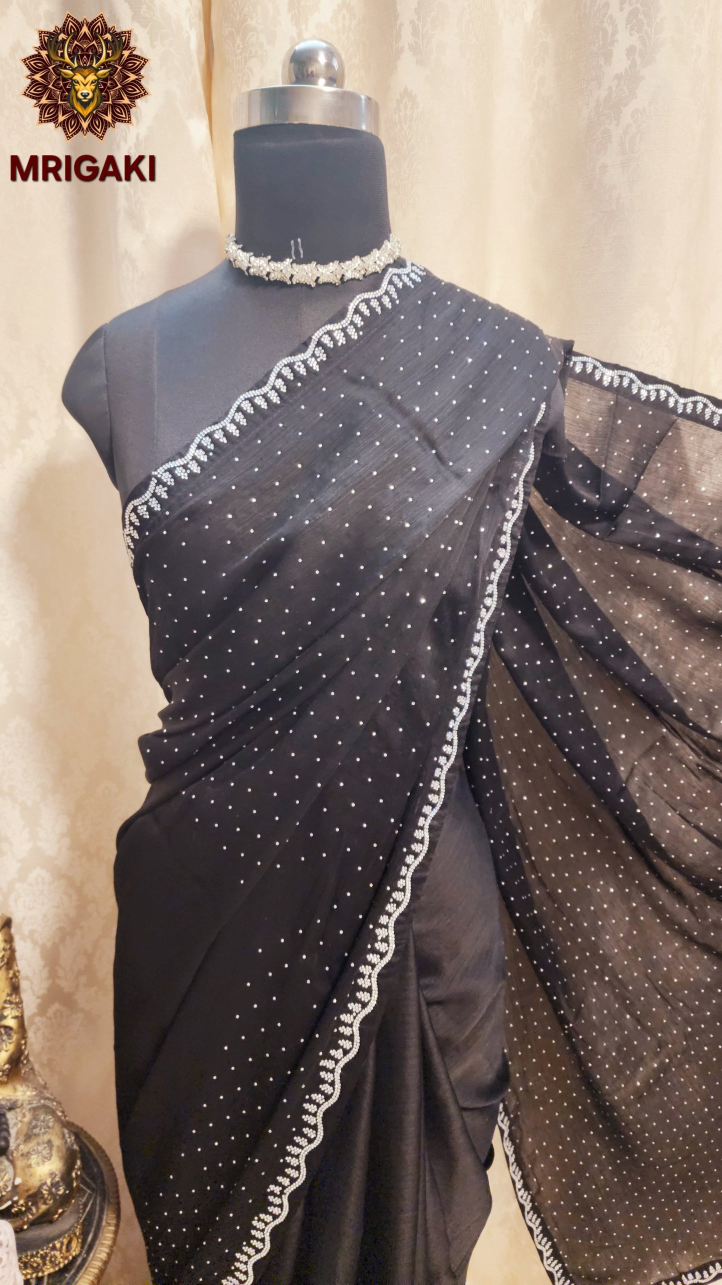 Japan Silk Satin Saree with Silver stone work on borders & all over