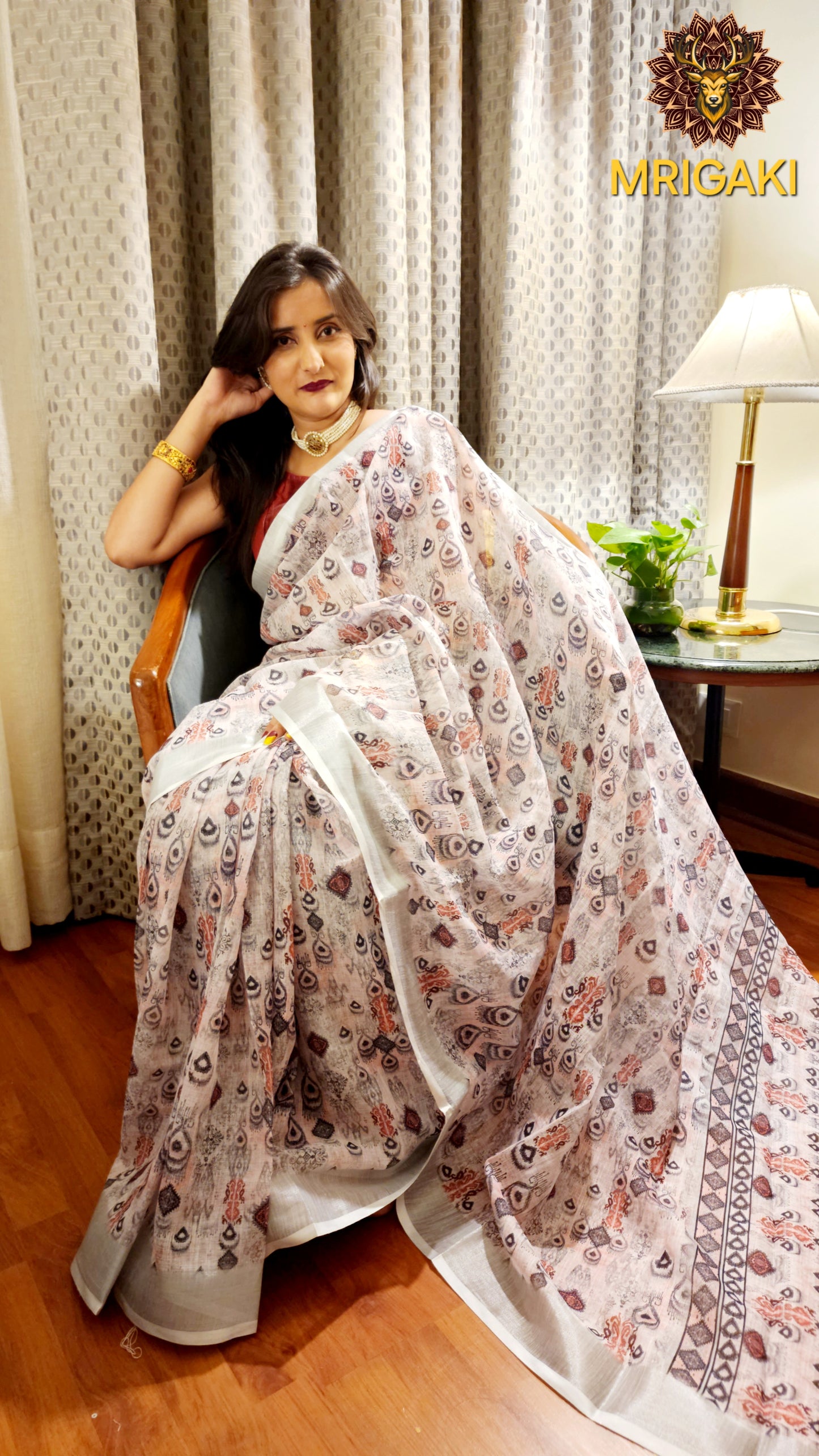 Light Grey Base Linen Saree with digital print all-over, Silver border