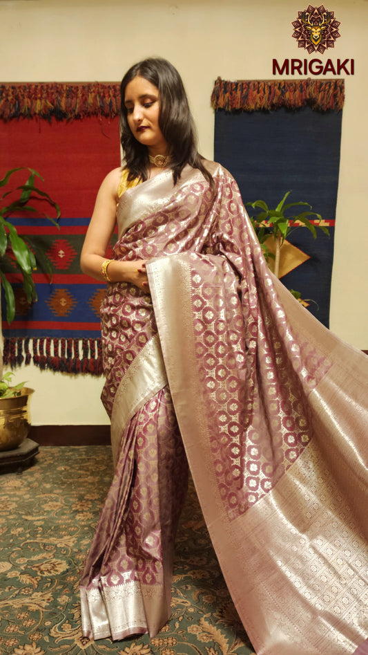 Onion Base color Dupion Silk all-over geometric Banarasi Butti Saree with Silver Zari work