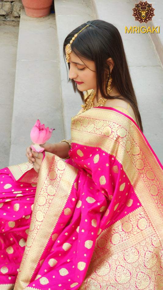 Bridal Pink Satin Silk Saree with Golden color Banarasi Butti All over & Heavy Zari pallu