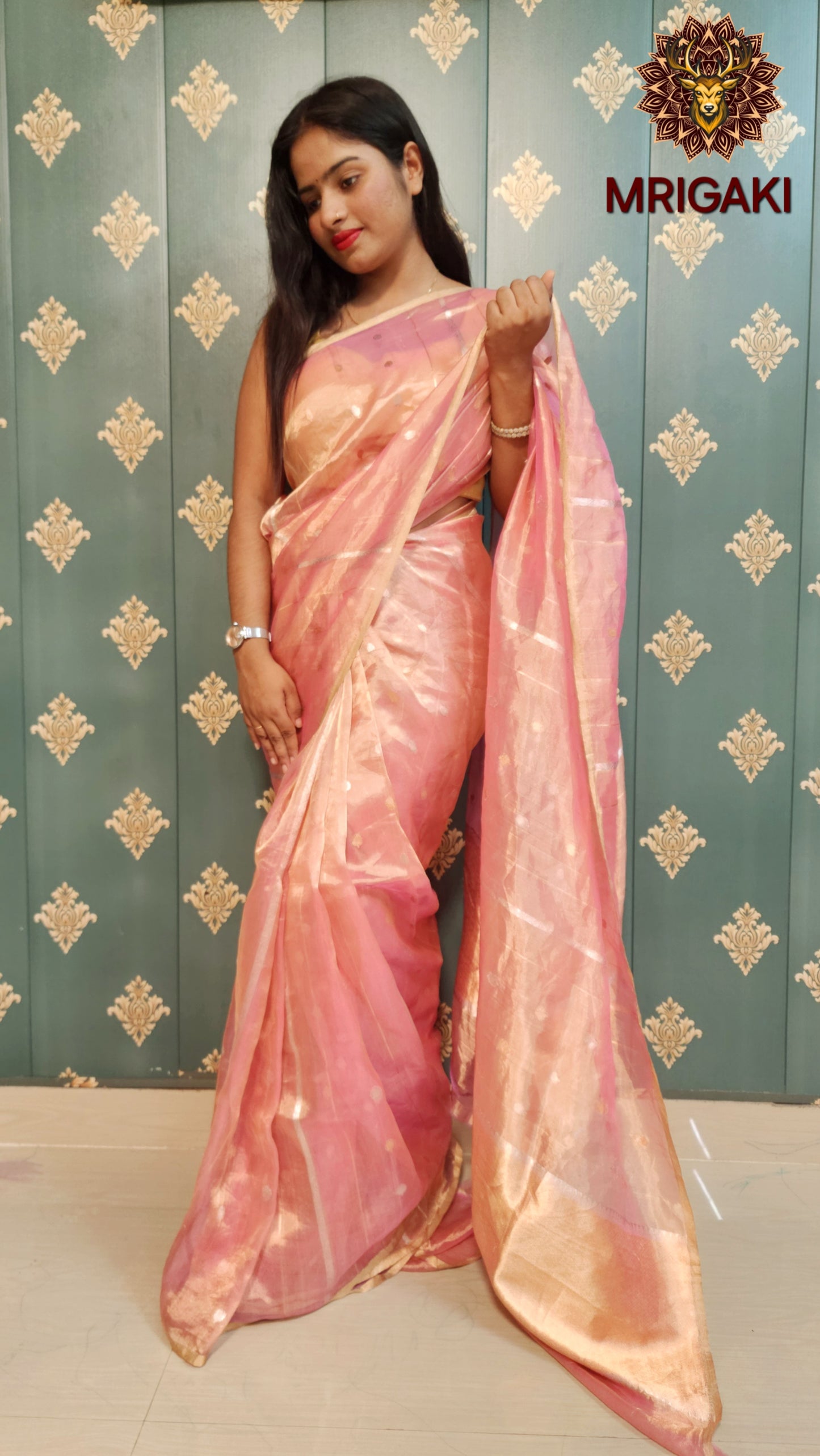 Pure Handwoven Kadhwa Silk Tissue Rose Gold saree with silver gold butti work