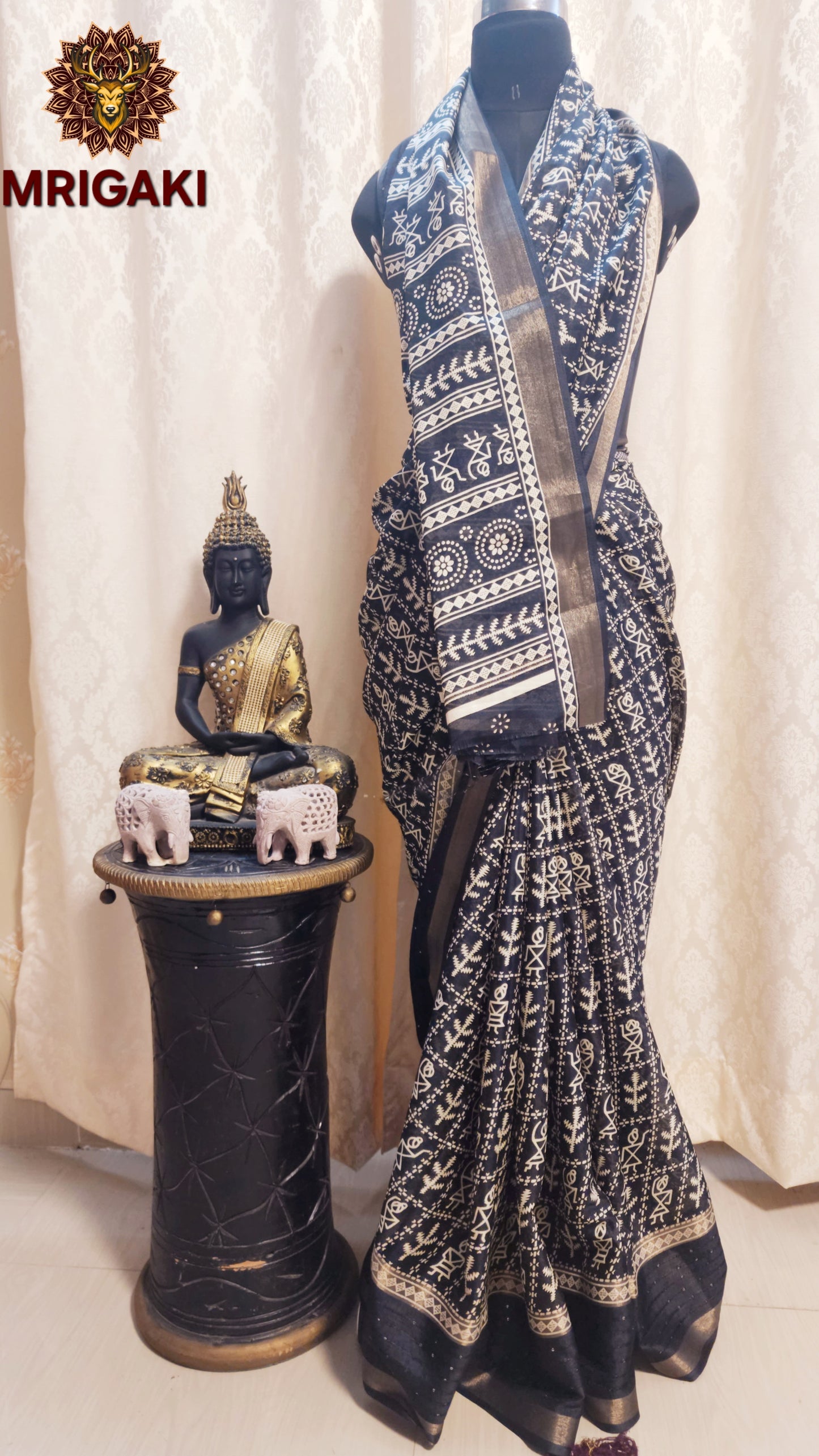 Black & White Chiffon Saree with Warli Painting Digital Print