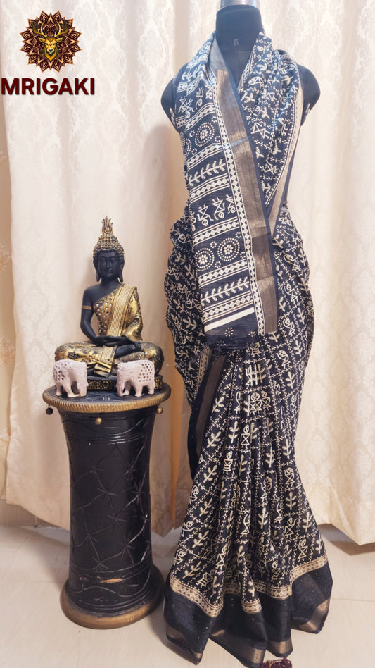 Black & White Chiffon Saree with Warli Painting Digital Print