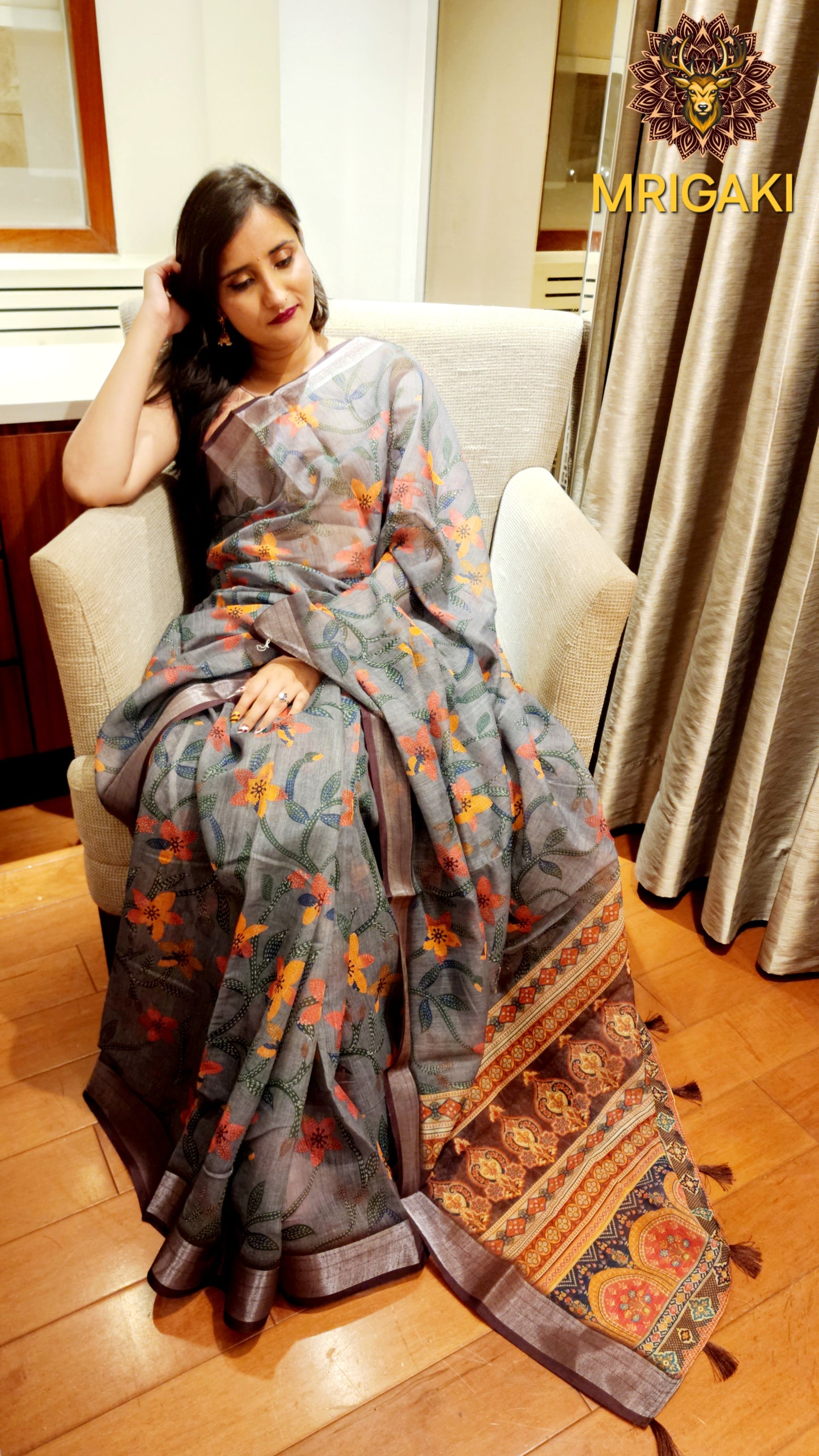Dark Grey Base Linen Saree with Katha digital design all over, grey border with Pom-Pom on Pallu