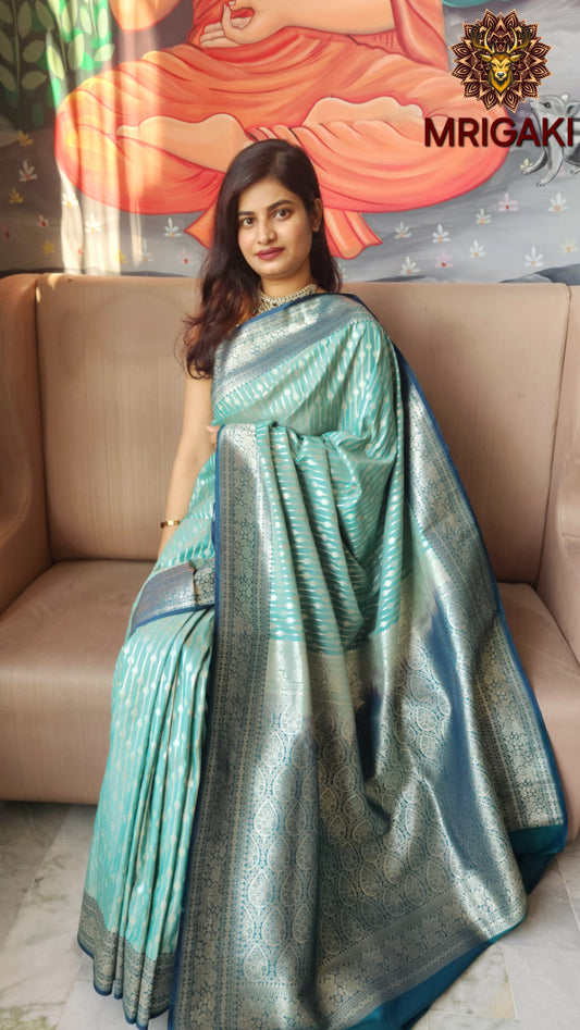 Pure Dupion Silk Light Green Saree with Silver vertical lines design all over & intricate Zari Pallu in contrast color