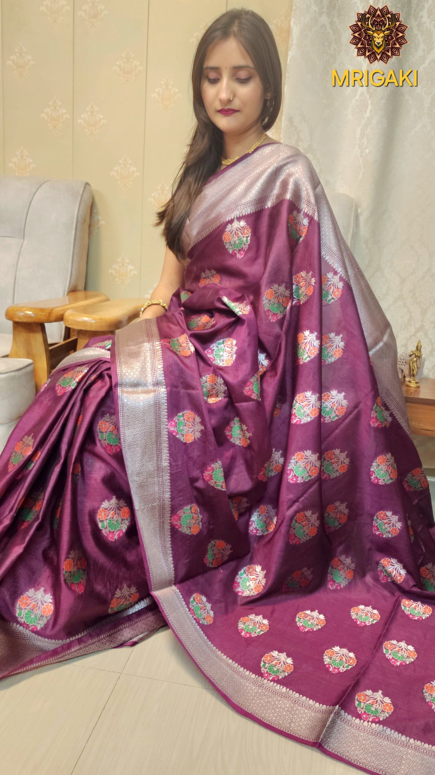 Dark Purple Handwoven Saree with Multi-color Minakari work & Siver Zari Banarasi Border