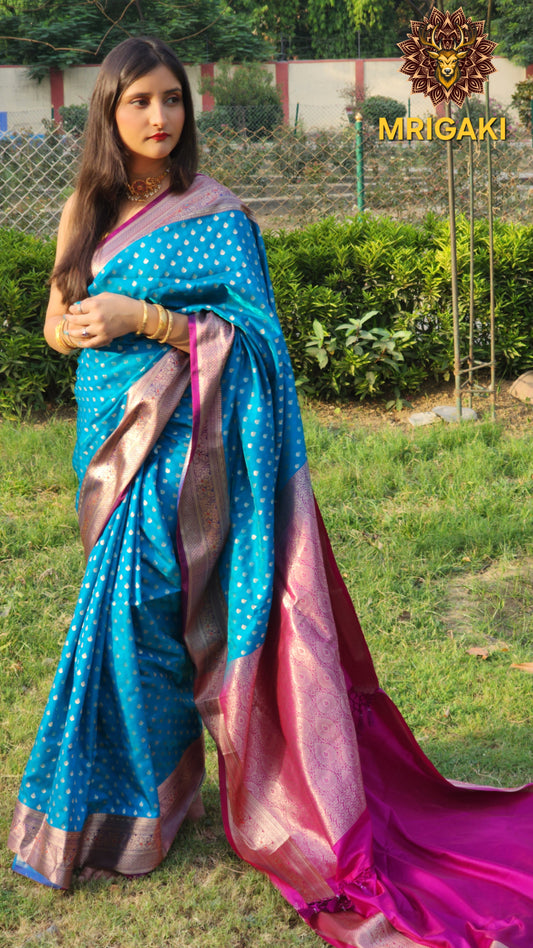 Banarasi Satin Silk Blue-Rani Pink contrast Saree with Thousand Butti & Heavy Zari Border