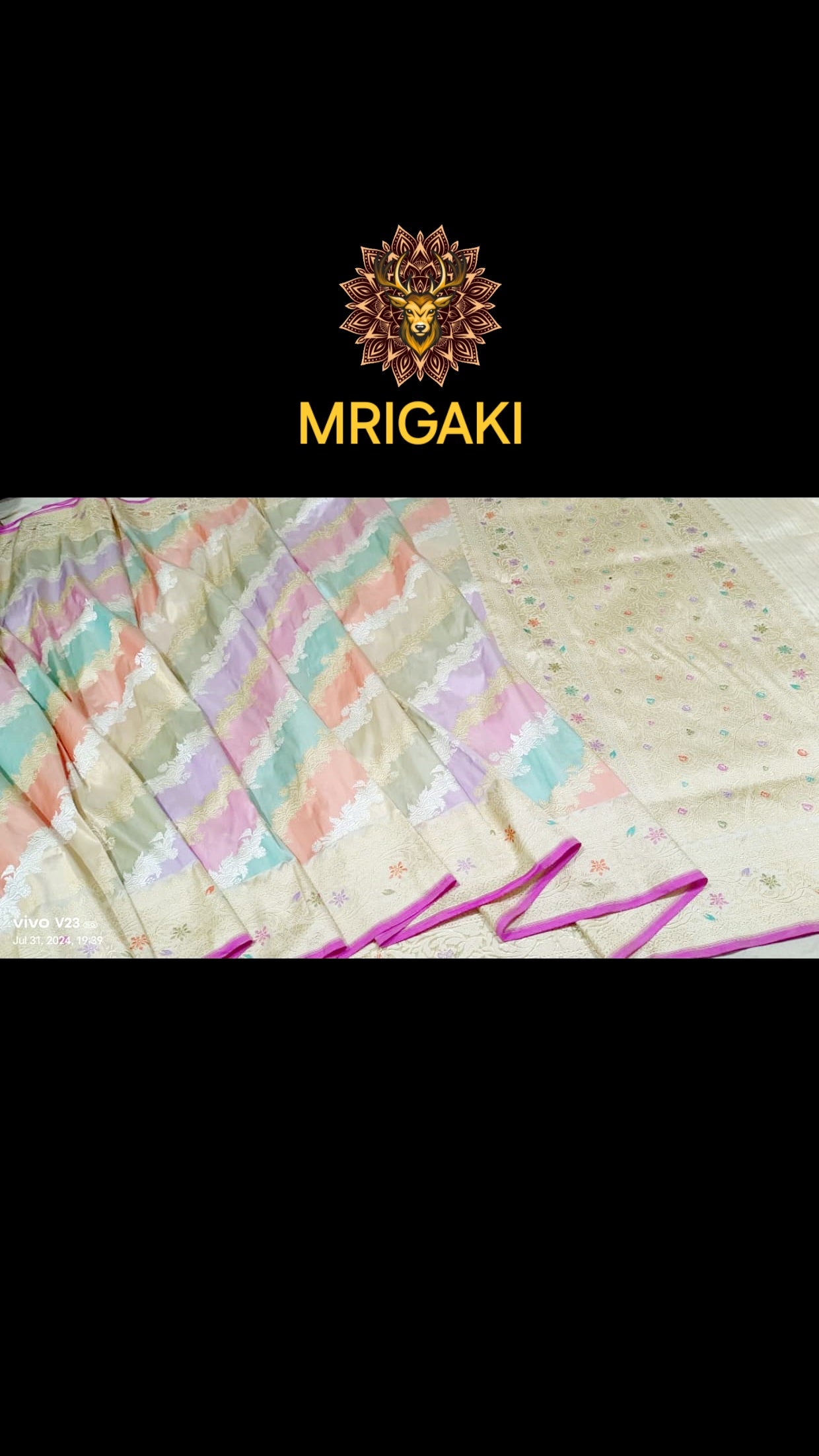 (Only on Pre-Order) Pure Katan Silk Handloom Light colors combo Laheriya pattern Rangkat Banarasi Saree with Minakari work on borders & pallu