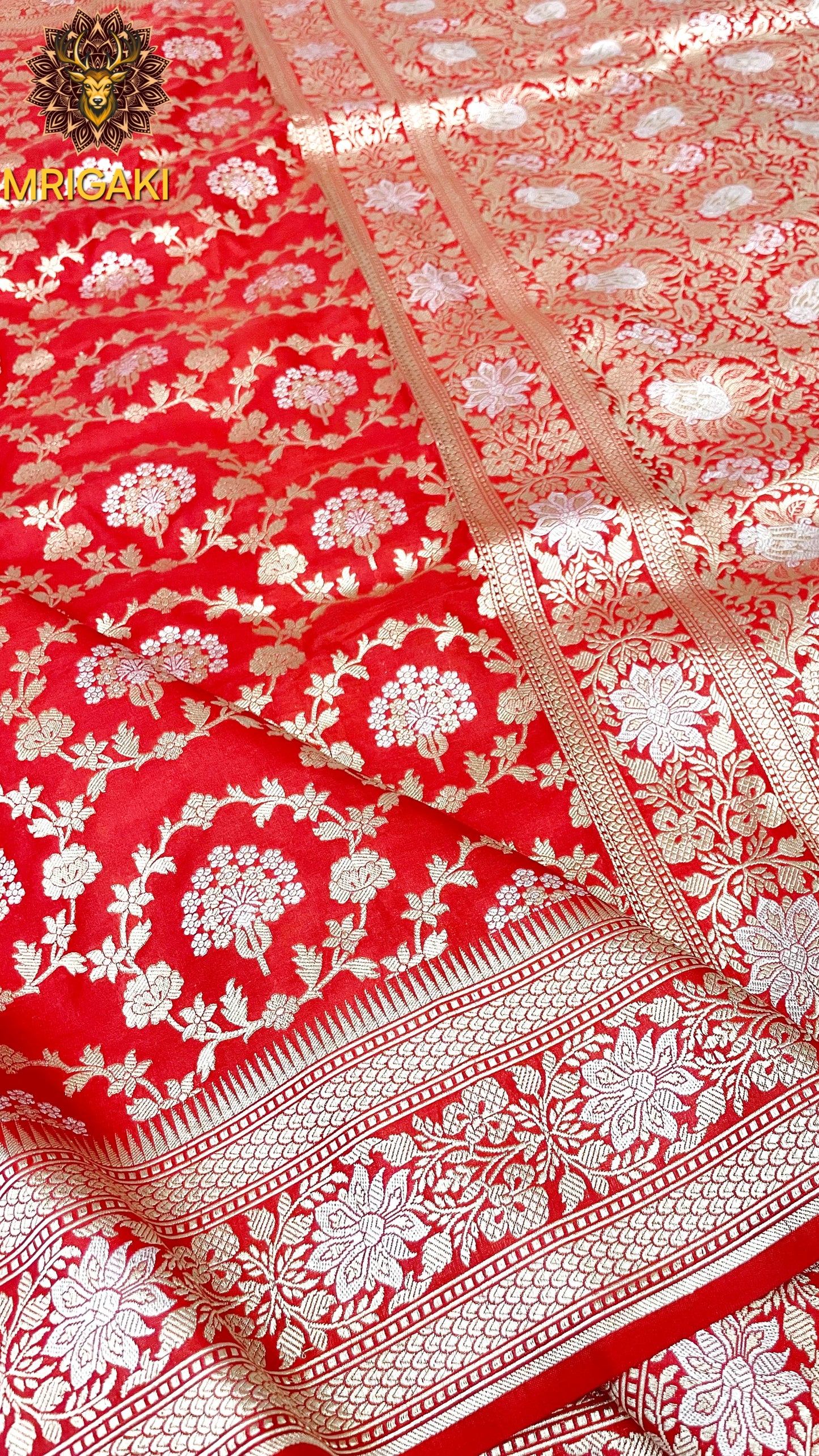 (Only on Pre-Order) Pure Katan Silk Handloom Sona Rupa Jangla Banarasi Saree in Bridal Red base color