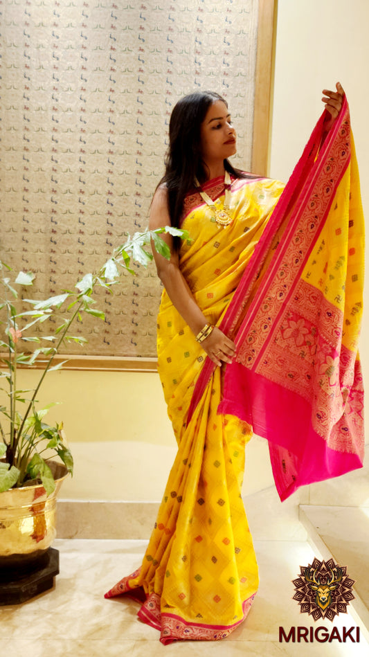 Yellow Pink Dupion Silk Banarasi Saree with butti all over & heavy Pallu with Satiya Kalash design