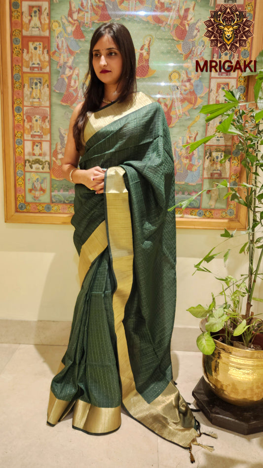 Dark green color Georgette Banarasi Butti Saree with Vertical lines & plain Zari border