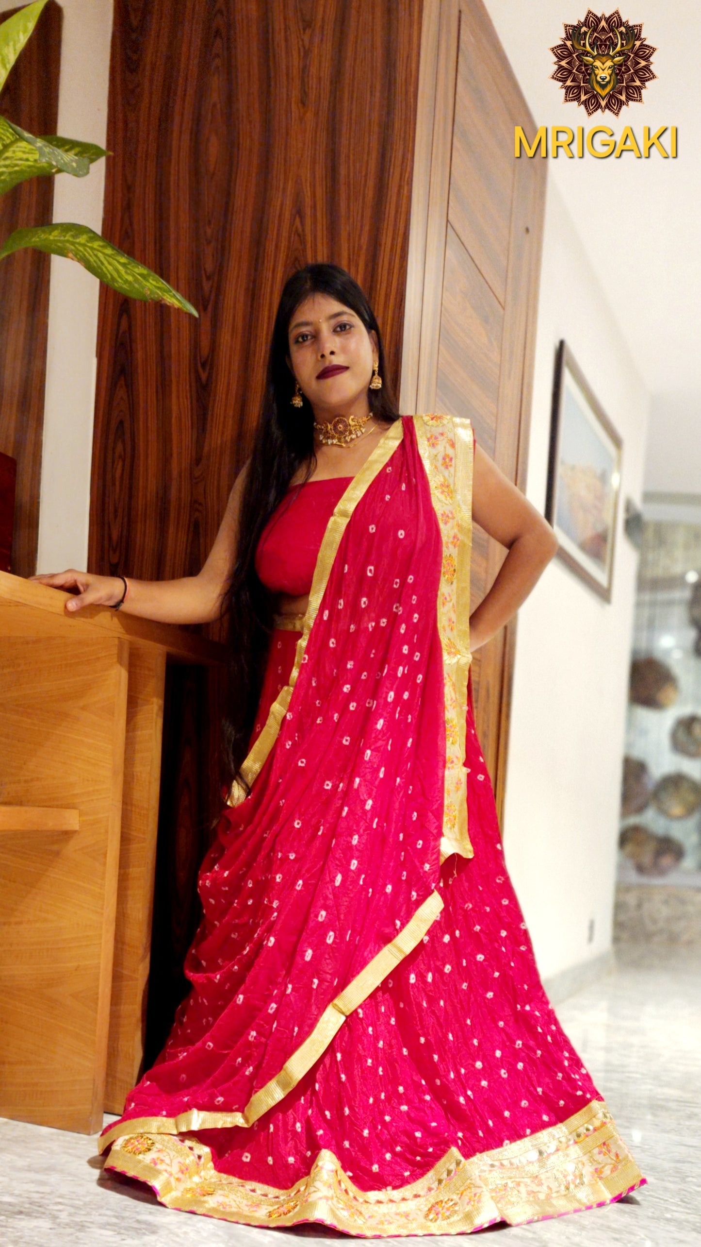Gota patti Embellished Rajasthani Bandhani Semi-stitched Lahenga Choli in Bridal red color