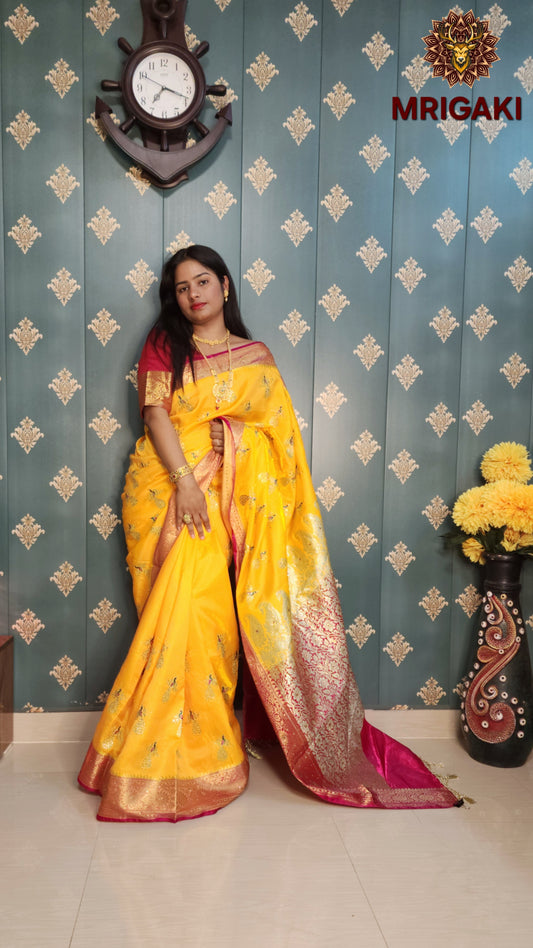 Yellow Rani Pink Satin Silk Saree with Golden stone designer peacock work all over, Zari border, Brocade Pallu