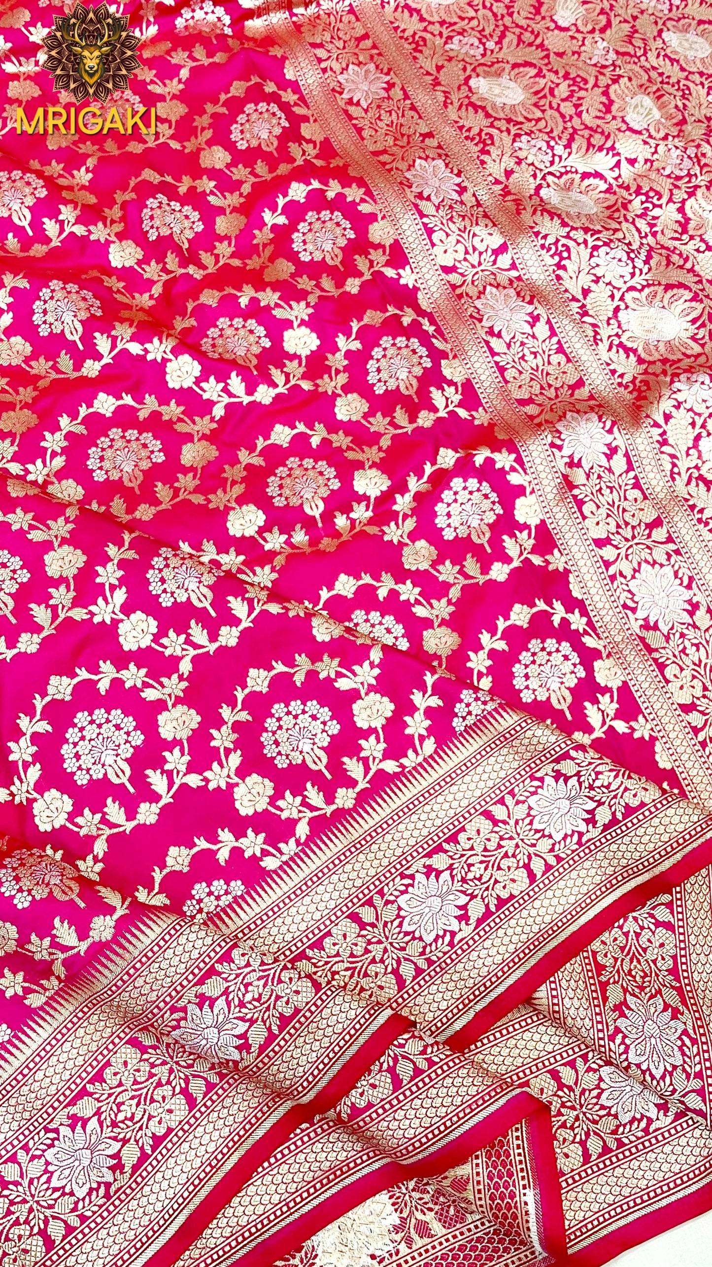 (Only on Pre-Order) Pure Katan Silk Handloom Sona Rupa Jangla Banarasi Saree in Rani Pink base color