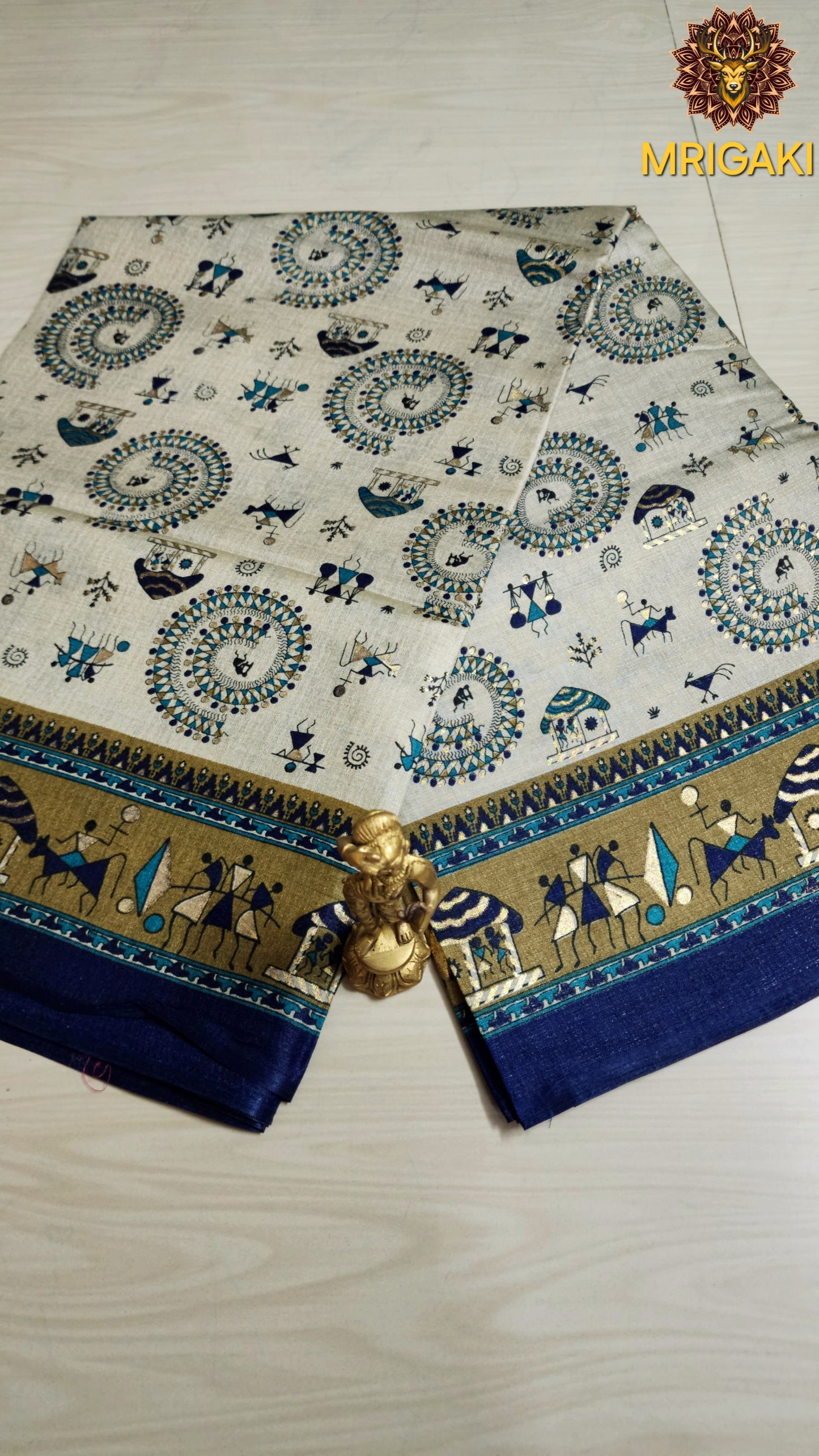 Multicolor Handloom Warli Art Khadi Bamboo Saree with Golden Charak & contrast Blouse piece