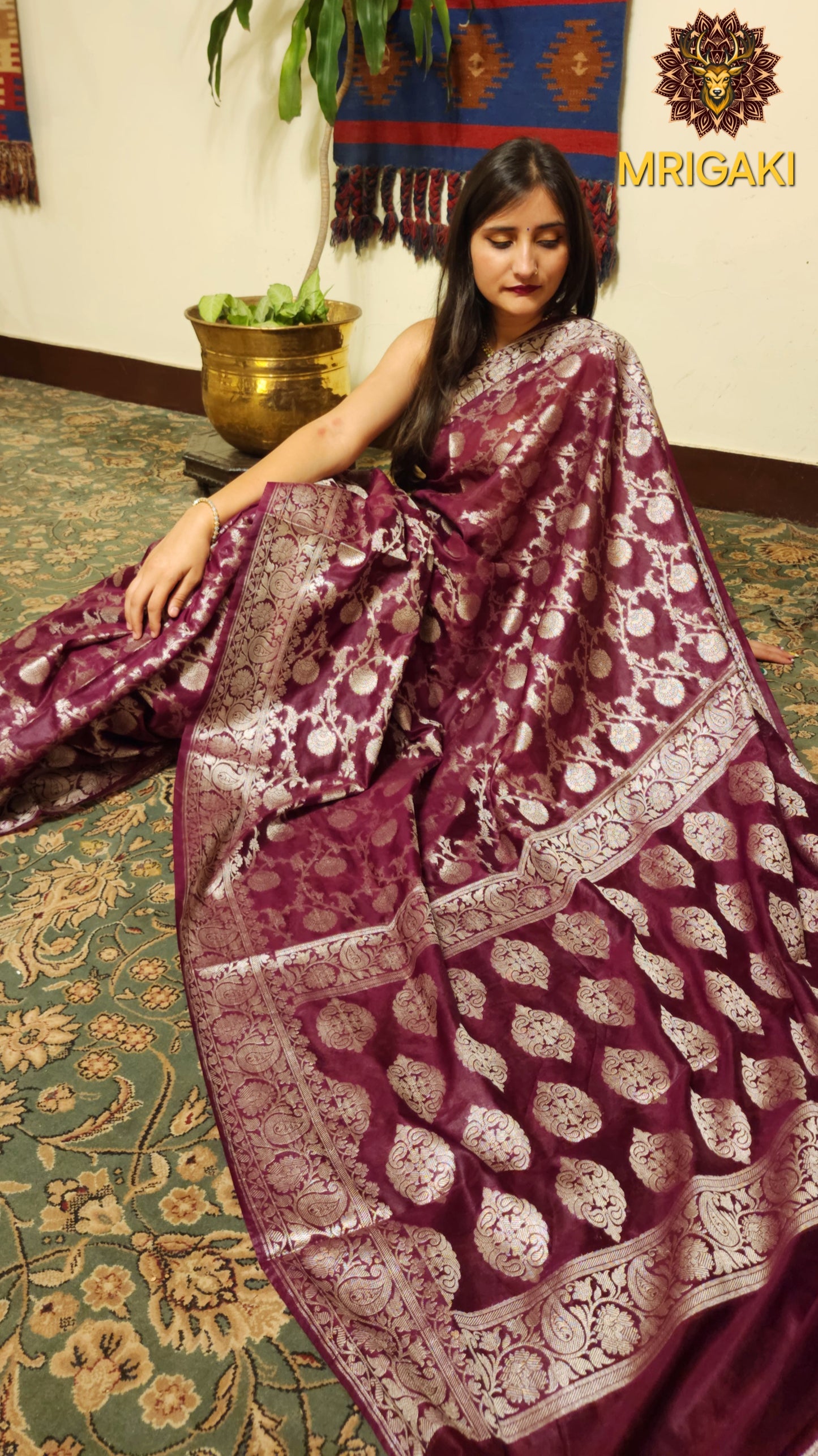 Maroon color Warm Silk Banarasi Saree  with Silver color Mahendi pattern Handwoven Jaal all over & Zari Border & Pallu