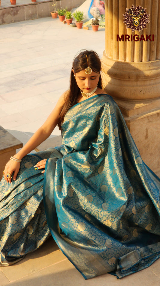 Turquoise Blue Kanjeevaram Silk Saree with Self Design all over & Zari border