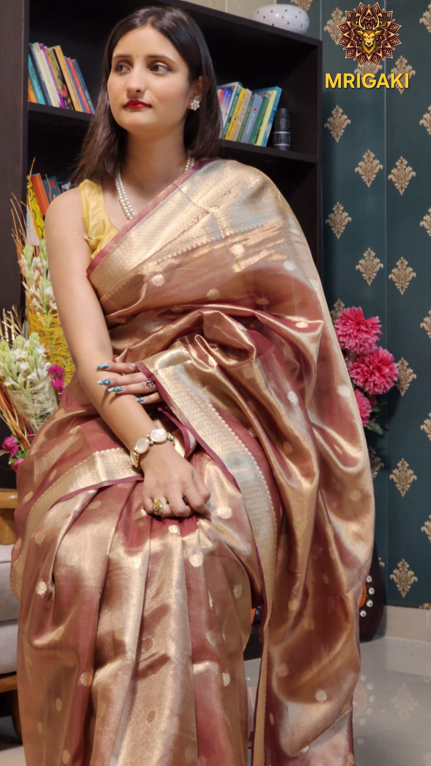 Elegant Tissue Silk Beige color Saree with Banarasi Zari Border