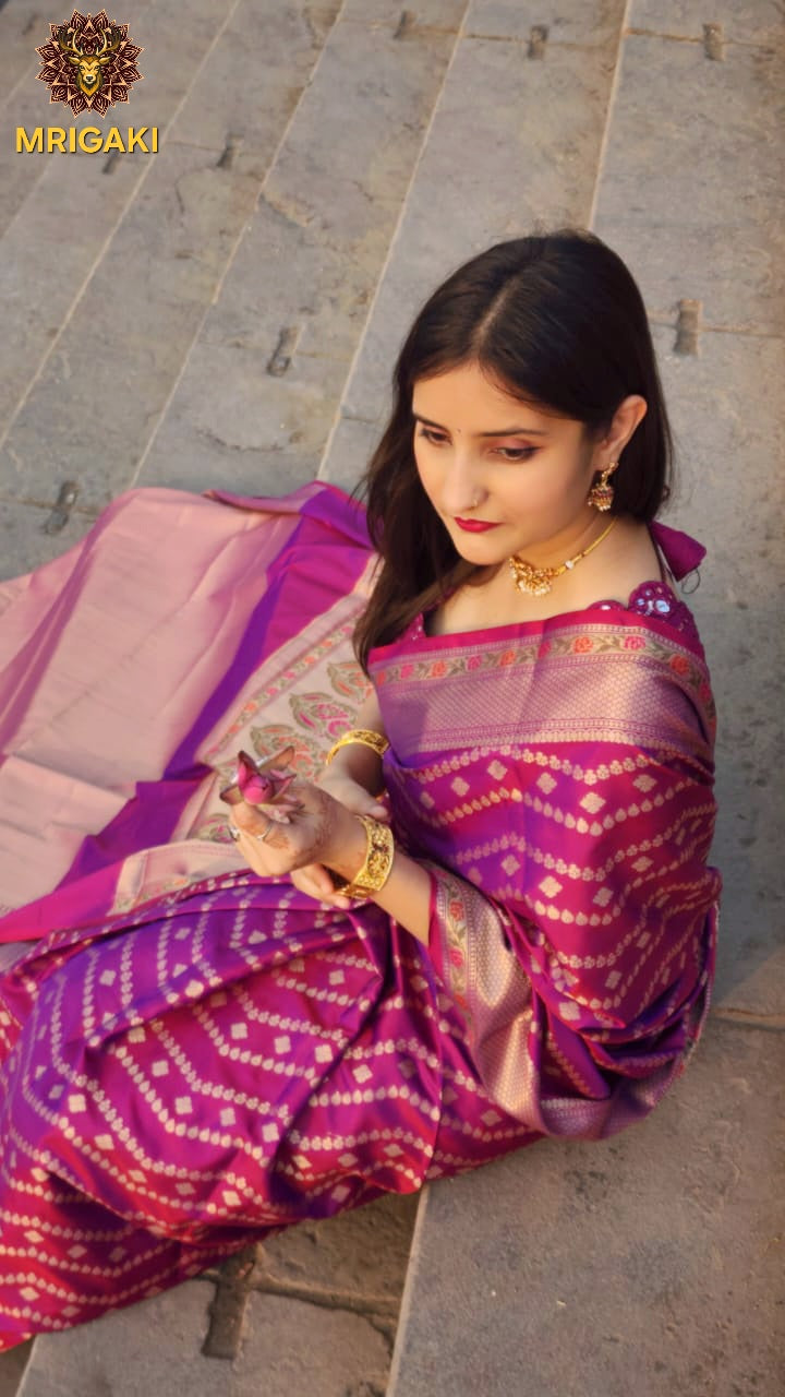 Banarasi Worm Silk Rani Pink Saree with Zari 2 color threads Handwoven border & laheriya design all over