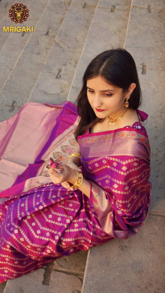 Banarasi Worm Silk Rani Pink Saree with Zari 2 color threads Handwoven border & laheriya design all over