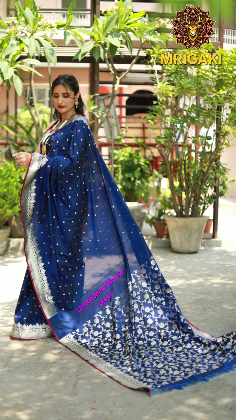Banarasi Satin Silk Royal Blue Saree with Golden Small Butti all over, Zari border & Heavy Work Blouse