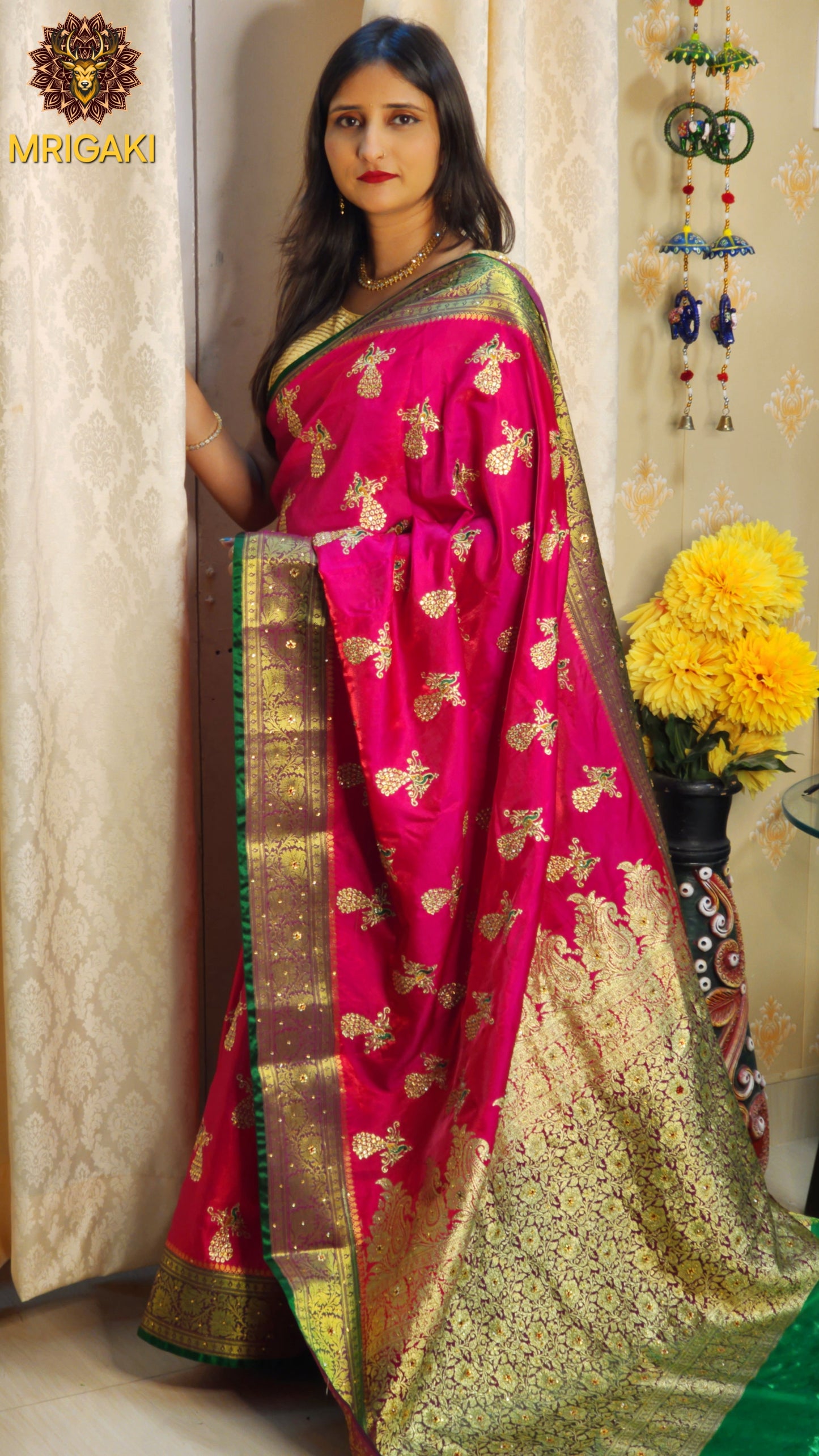 Rani Pink Green Satin Silk Saree with Golden stone designer peacock work all over, Zari border, Brocade Pallu