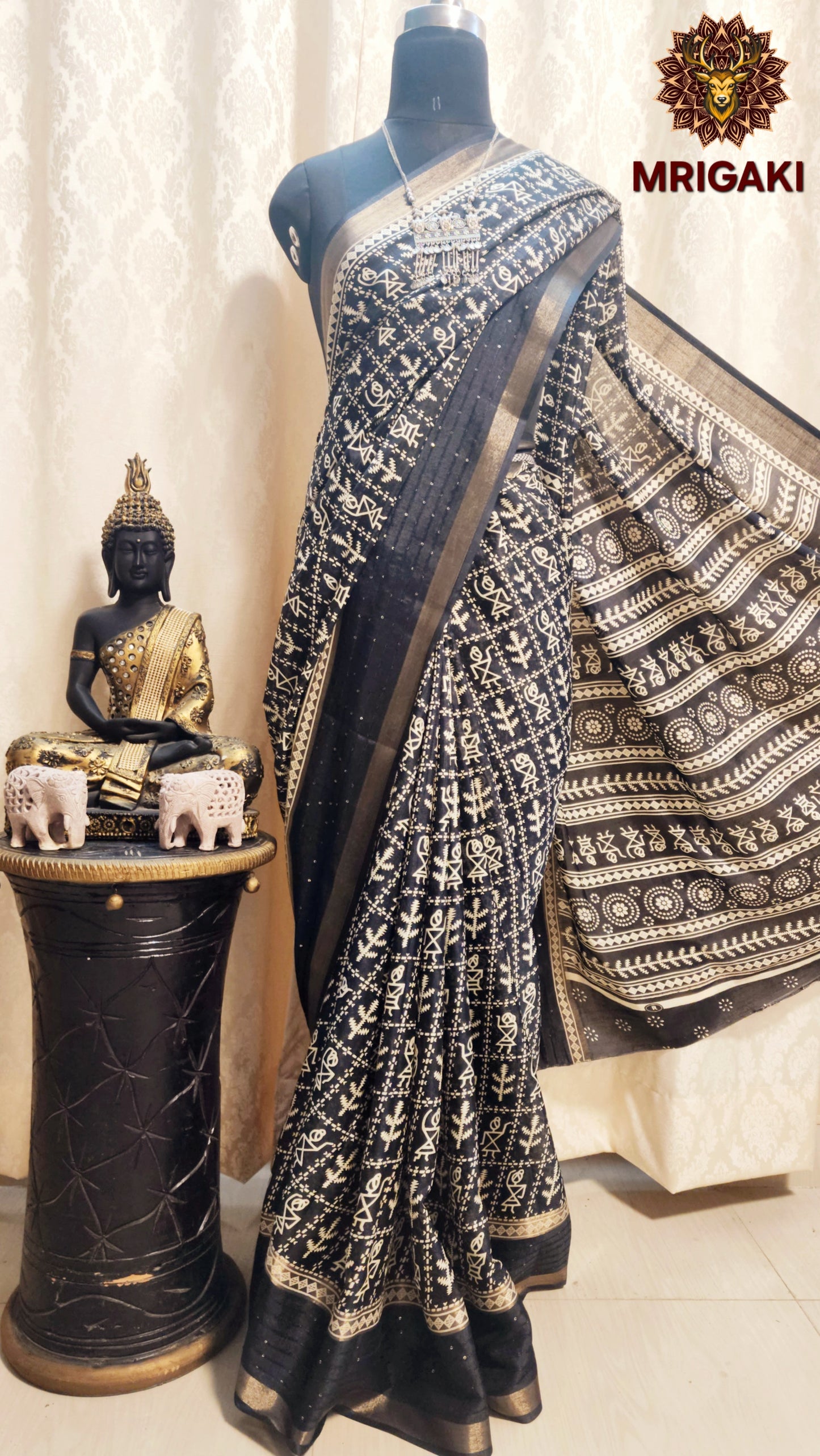 Black & White Chiffon Saree with Warli Painting Digital Print