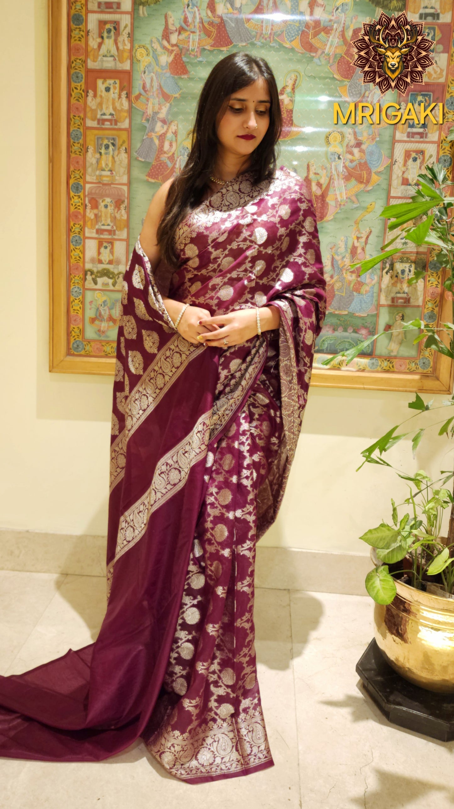 Maroon color Warm Silk Banarasi Saree  with Silver color Mahendi pattern Handwoven Jaal all over & Zari Border & Pallu