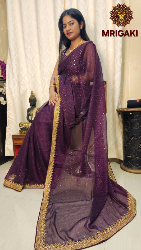 Wine color Organza Saree with Heavy Jarkan work on Borders, Golden Diamond work all over