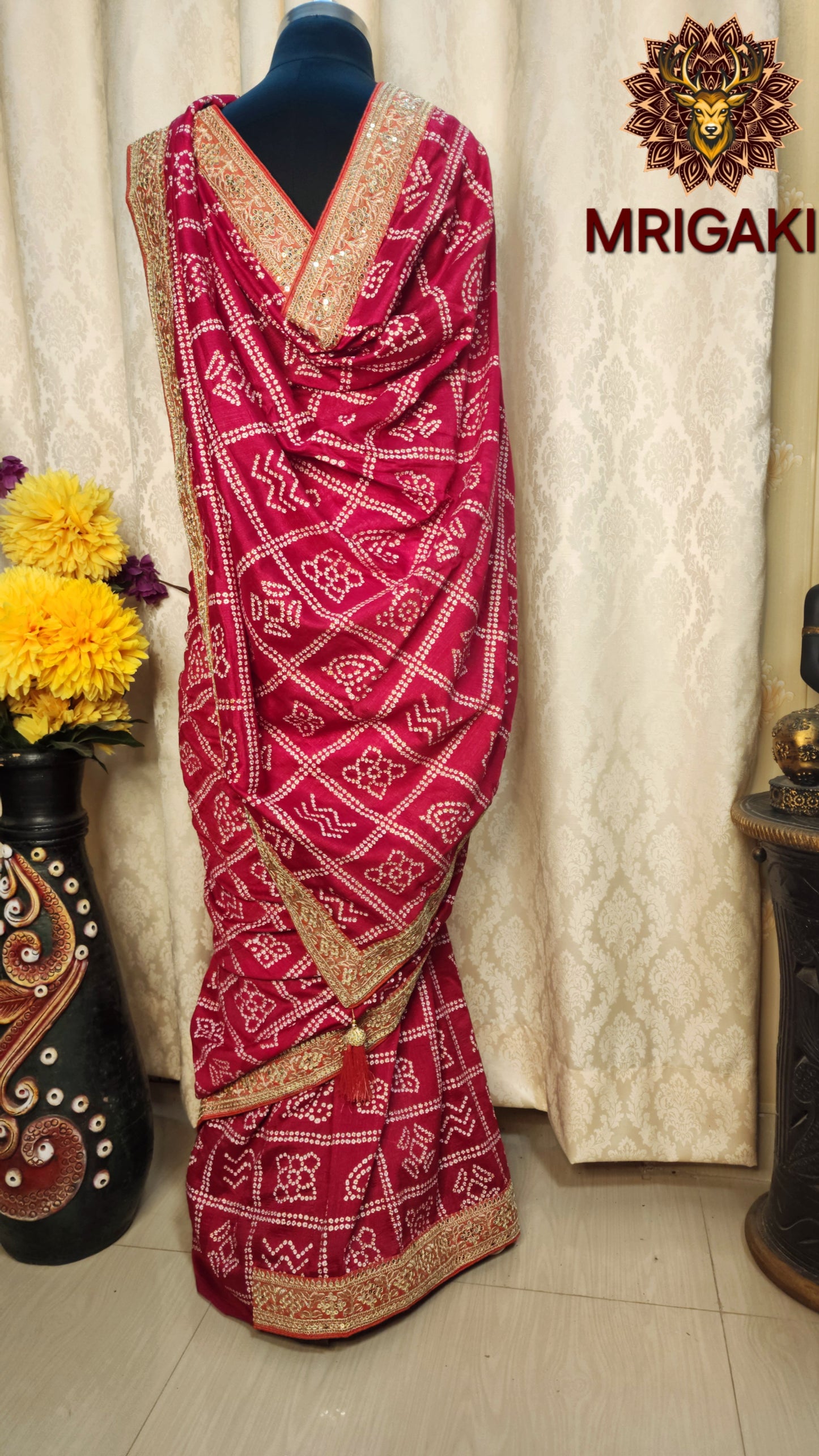 Pink color Bandhej Saree with gotta border & designer unstitched blouse piece
