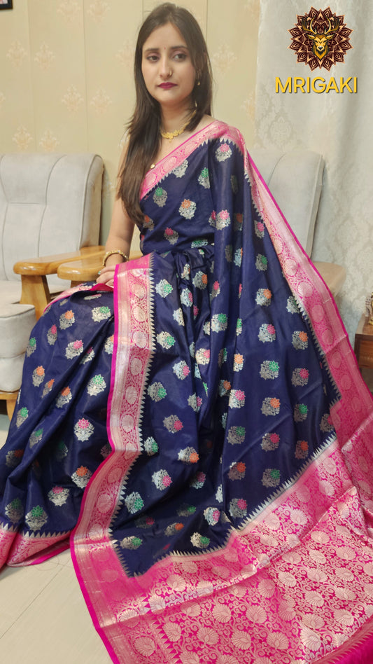 Royal Blue Dupion Silk Saree with Multi-color Minakari & Pink contrast border