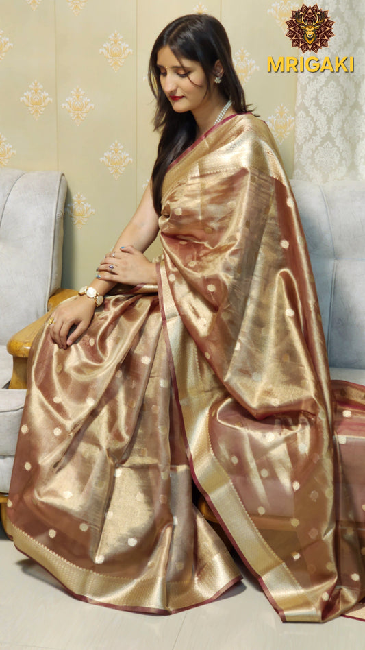 Elegant Tissue Silk Beige color Saree with Banarasi Zari Border