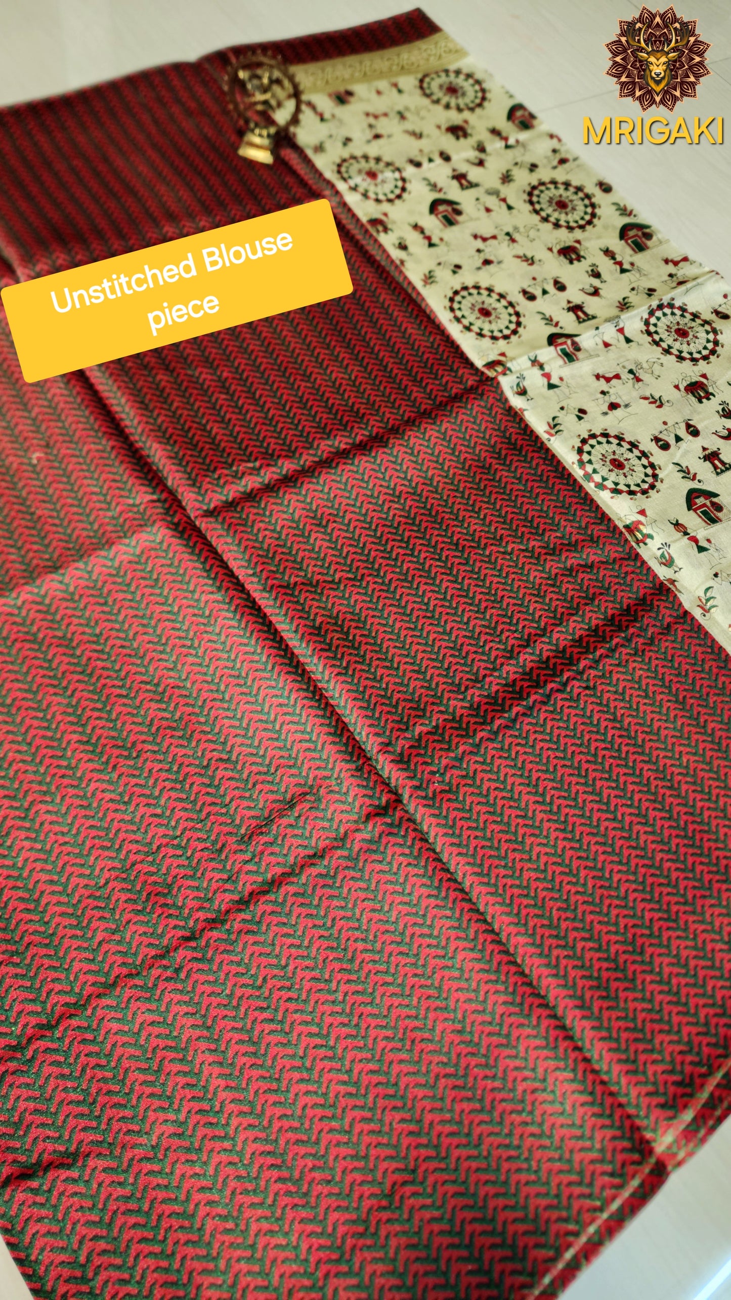 Handloom Warli Art Khadi Bamboo Saree with Golden Charak & contrast Blouse piece
