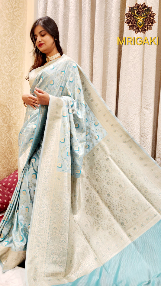 HANDLOOM Sky Blue color Mashru Silk Banarasi Saree with Floral Minakari & Silver color intricate Zari work on border & pallu